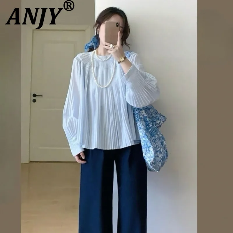 

ANJY Новая женская элегантная плиссированная блузка с круглым вырезом и длинным рукавом, модный дизайн, милый молодежный стиль, трендовая модель A20106