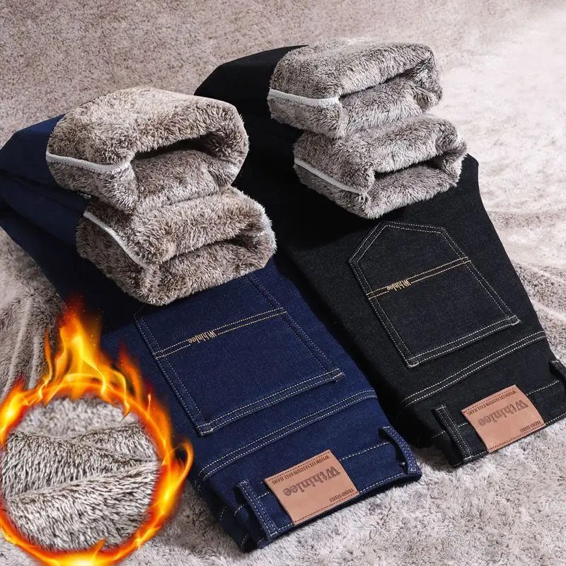 

Мужские теплые джинсы Whinlee с толстым бархатом, повседневные прямые эластичные брюки, модные классические синие черные джинсовые брюки, брендовая одежда