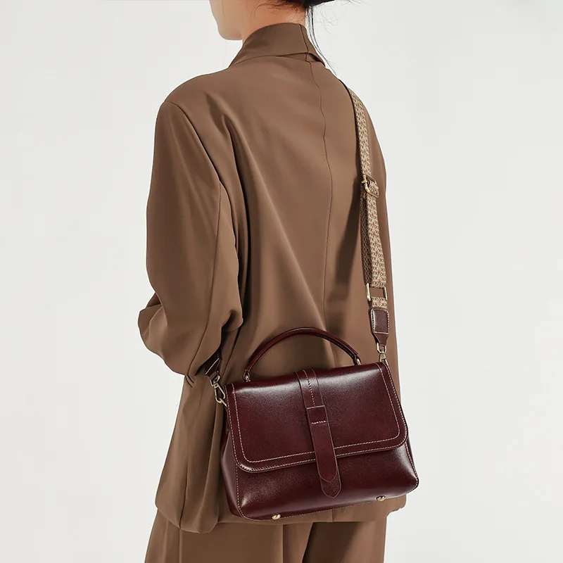 

Casual Female Crossbody Bags New Genuine Leather Vintage Handbag Women Boston Shoulder Bag Satchel with Two Straps for Mom Gift