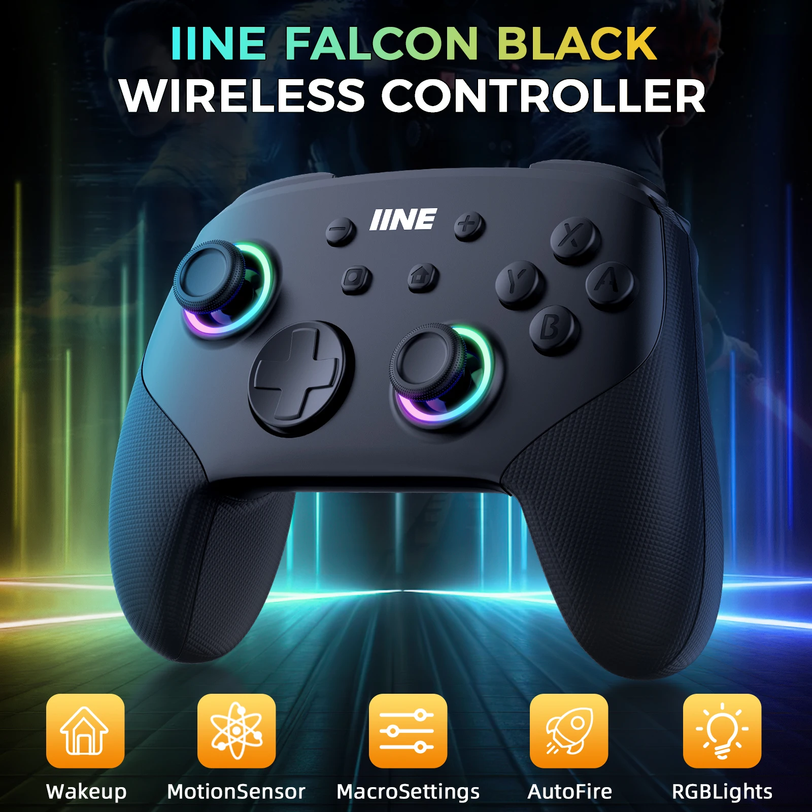 IINE Falcon Black Wireless Controller Turbo&Macro Function RGB Lighting Compatible With Nintendo Switch/OLED/Lite