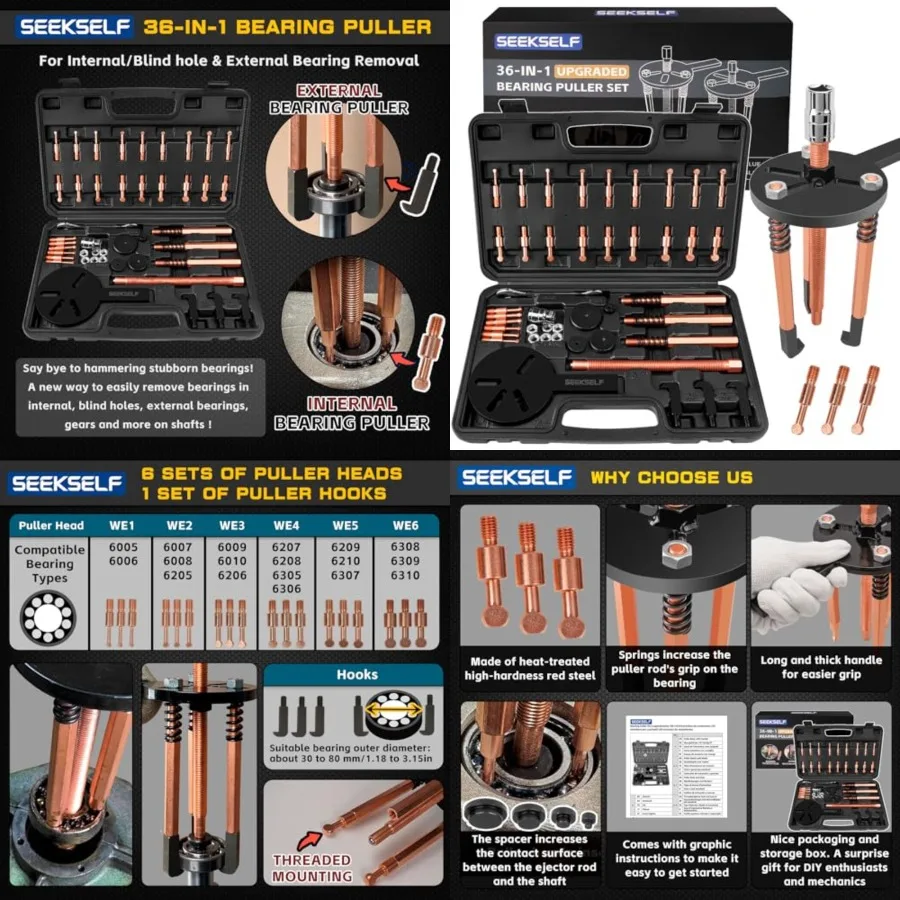 

Blind Hole Bearing Puller Kit, 36 in 1 Inner Outer Bearing Separator Set Internal External Bearing Removal Gear Splitter Pull T