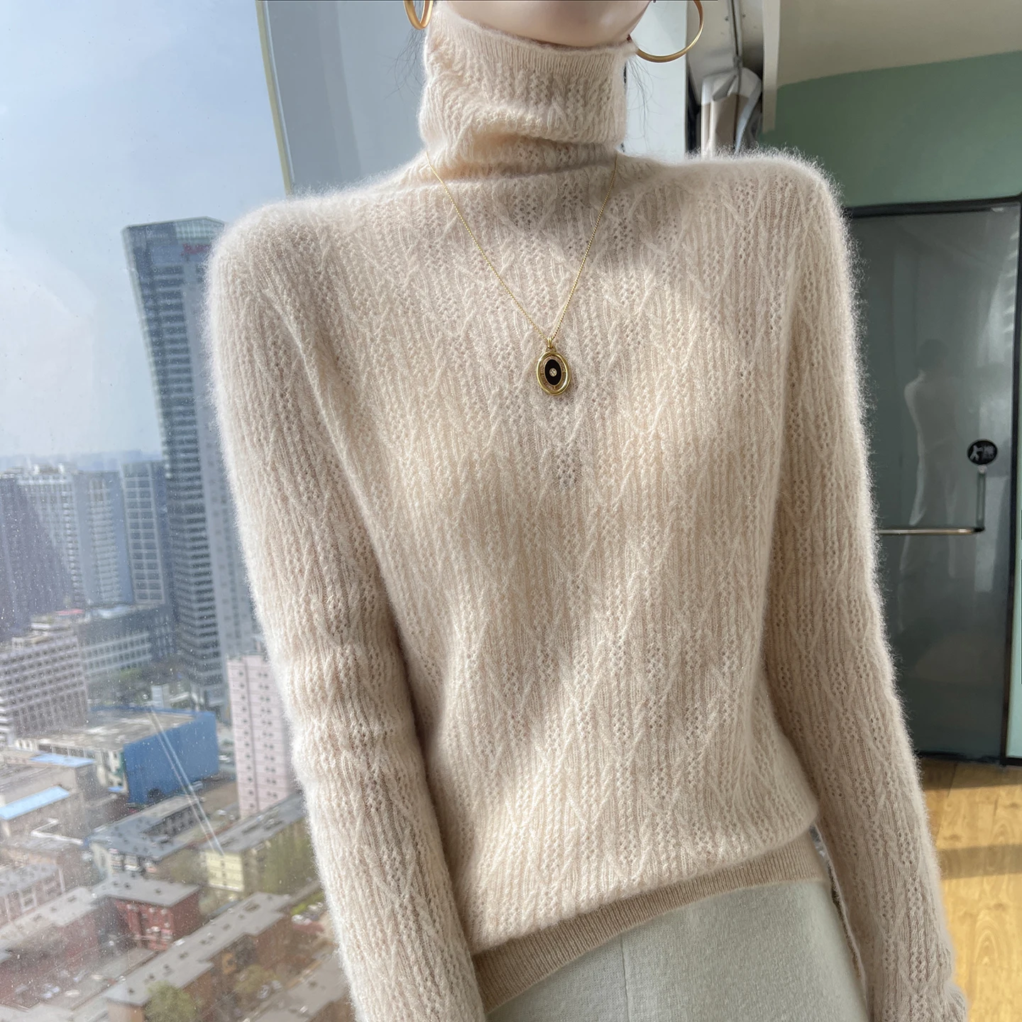 

Women's 100% Pure Cashmere Sweater Casual Solid Color Knitted Pullover Slim Fit High Neck Top Warm Blouse Jumper