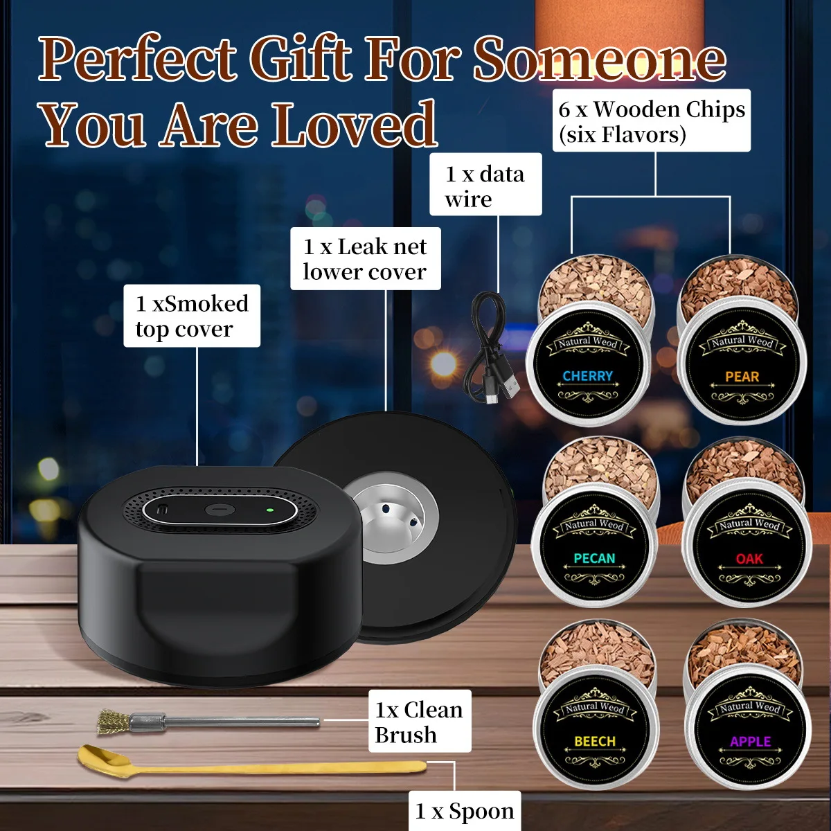Electric Whiskey Smoker Kit Rechargeable - 6 Natural Wood Chips Flavors,Built-in Lighter,Birthday Bourbon Whiskey Gifts for Men