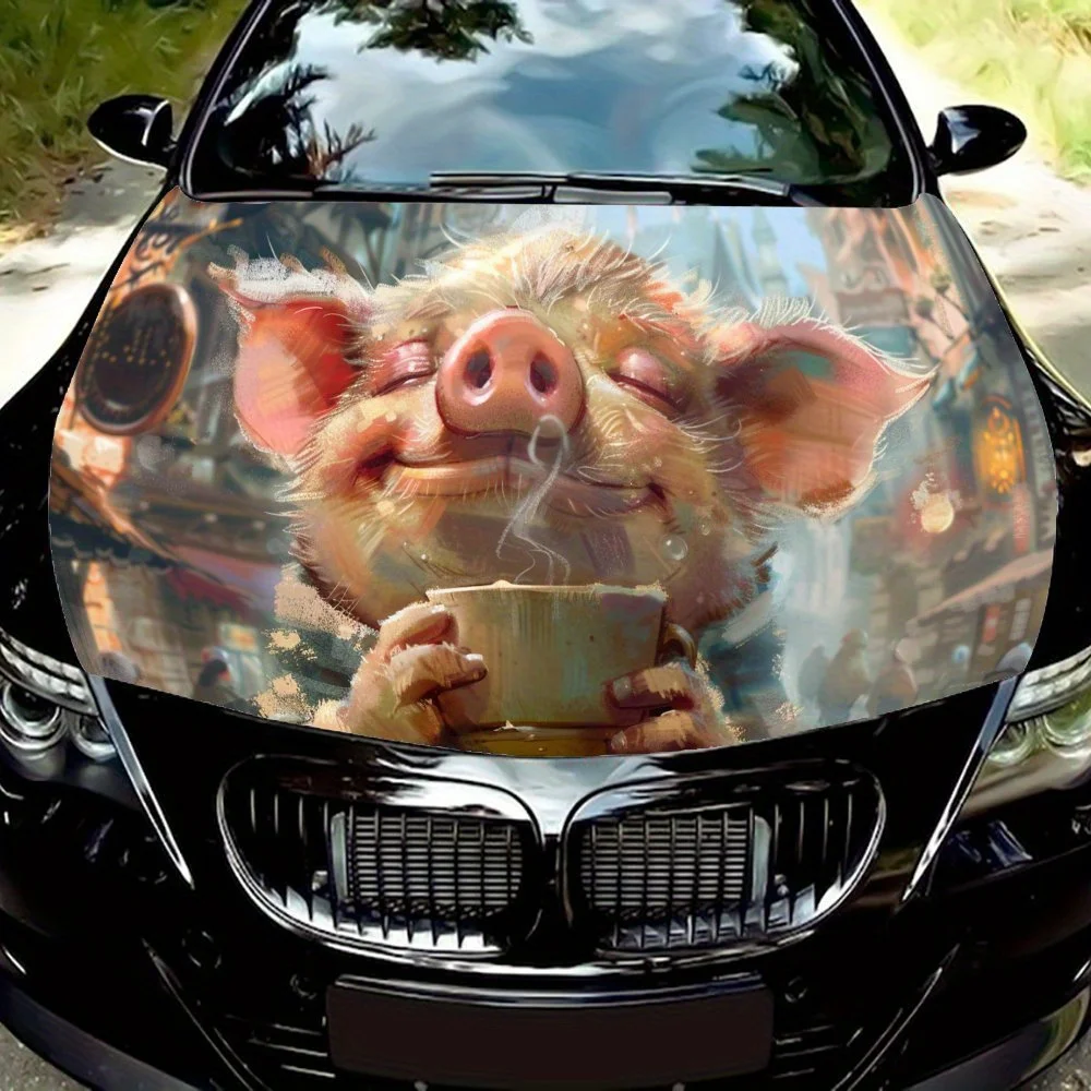 

Funny Pig with Cup Car Hood Vinyl Wraps Decal, Auto Exterior Protective Sticker, Waterproof Self-adhesive Car Body Decoration, D