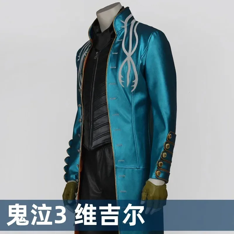DMC 3 Male Vergil Cosplay Costume Long Leather Trench Coat Outfit Full Set and Individual Items Are Sold Custom Size ob;8