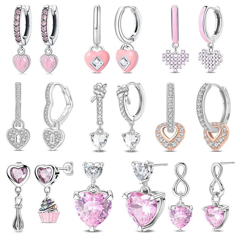 New 925 Sterling Silver Pink Heart Shape Women Earrings Bril