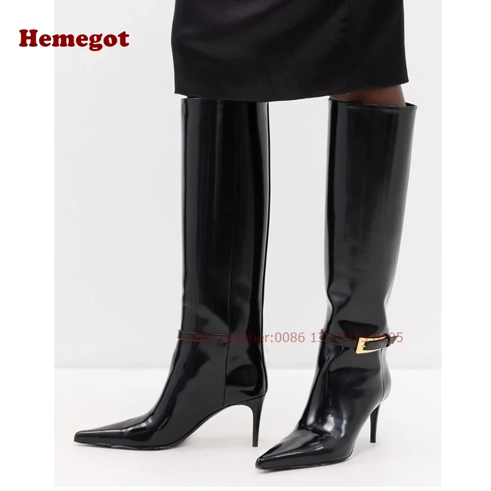 Pointy Toe Stiletto Glossy Women\'s Boots Black Metal Buckle Knee High Boots Winter Thin Heels Casual Runway Shoes Brand Luxury