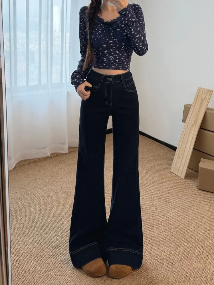

Deep Blue High Waist Wide Leg Jeans Women's Loose Slimming Drapey Floor-Length Micro Flared Denim Spring Faion Ladies' Clot...
