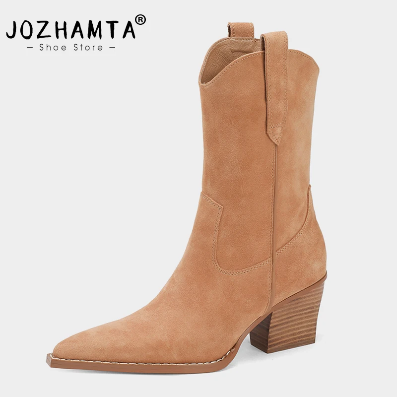 JOZHAMTA Size 33-40 Women Western Boots For Cowboy Suede Real Leather Thick High Heels Shoes Woman Winter 2023 Casual Short Boot