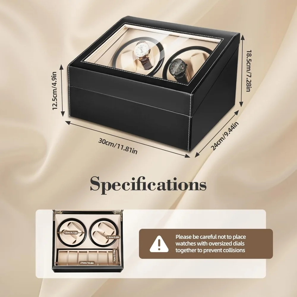 Watch Winder Box with Silent Bidirectional Motor, 4 Rotating +6 Storage Compartments, 10dB Quiet Automatic Watch Winder