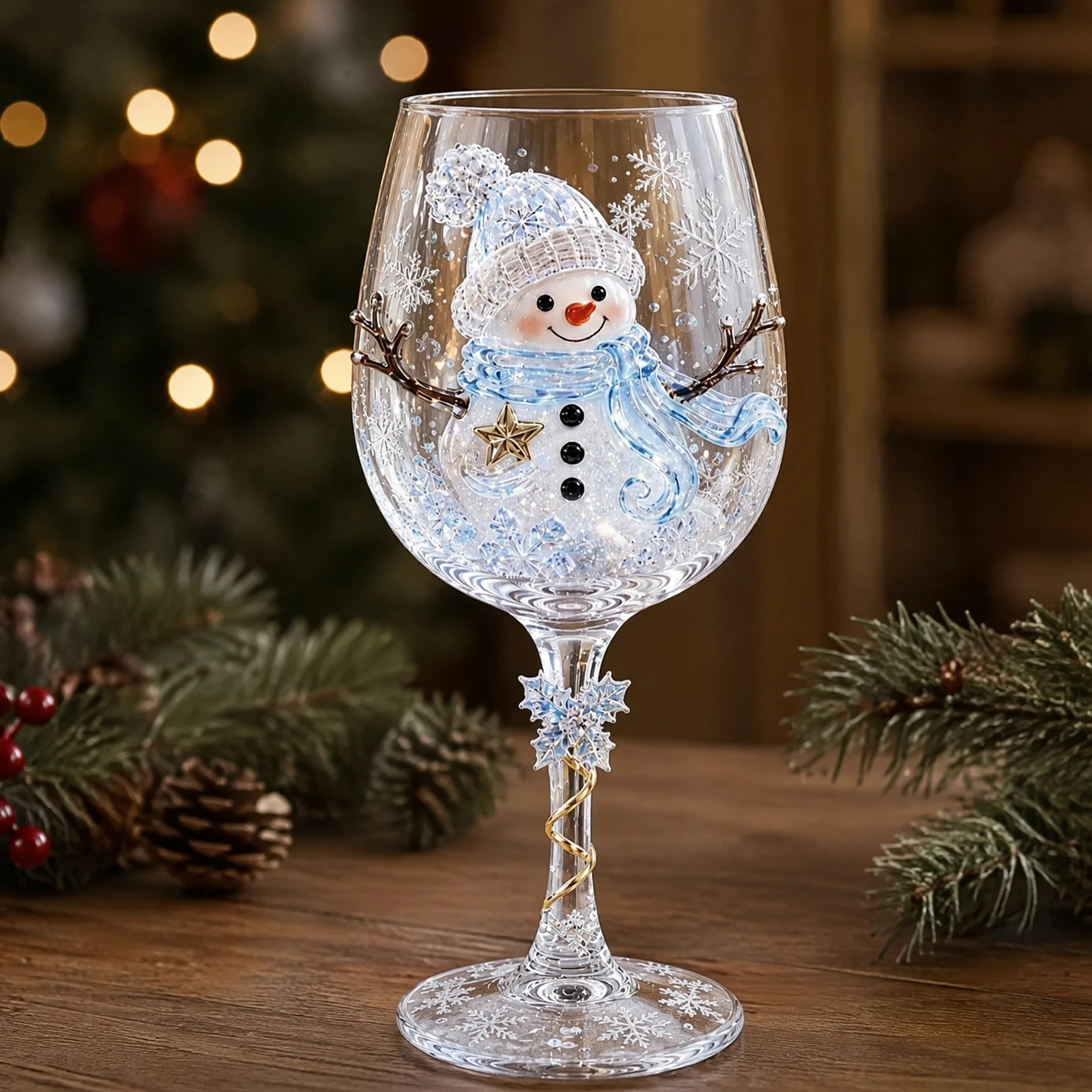 Holiday Art Goblet Christmas Wine Glass 2D Santa for SNOWMAN Reindeer Clear Glass Festive Stemware