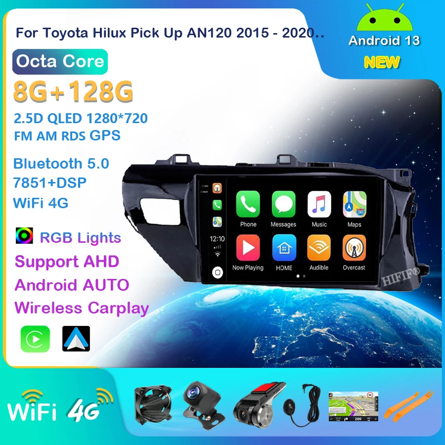 Android Auto Radio Wireles CarPlay For Toyota Hilux Pick Up AN120 2015-2020 RHD Multimedia Stereo Player 4G+WIFI GPS Head Unit