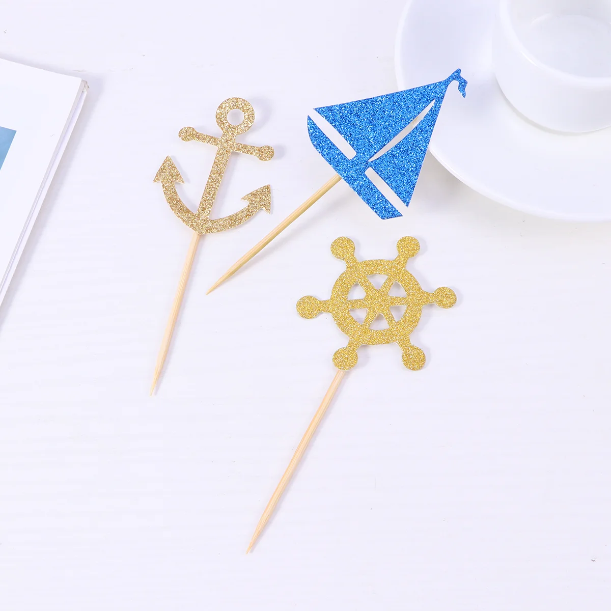 24pcs Sailing Boat Anchor Cake Topper Cake Picks Cupcake Decor Party Supplies for Wedding Birthday Festival