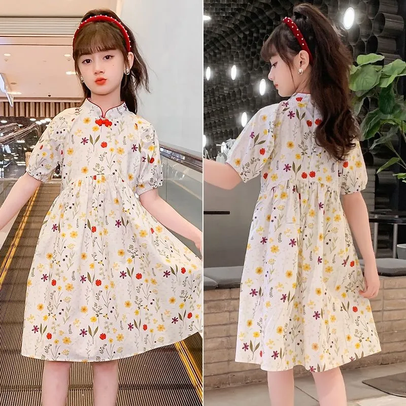 Girls' Summer Trendy Short Sleeved Cheongsam Skirt Children's 2026 New Chinese Dress Kids' Breathable Cotton Qipao Dress LJ297