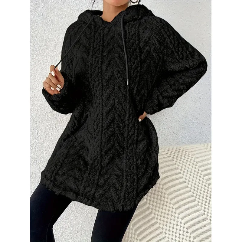 2025 Women's Solid Color Hooded Jacquard Long Sleeved Sweatshirt Jacket Slim Fit Drawstring Fur Sweatshirt