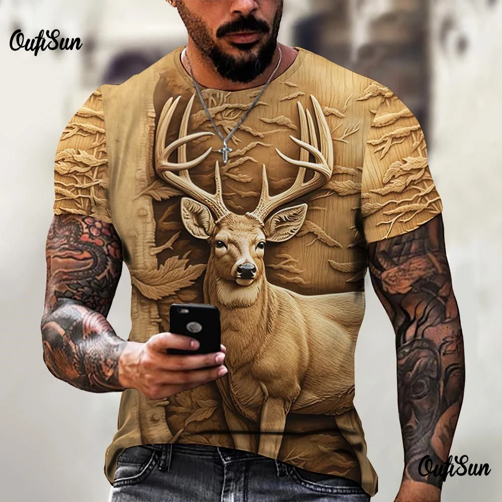 Vintage Men's T Shirt Summer Short Sleeve Elk 3D Print Tops Fashion Street Oversized Clothing For Men T-Shirts O-Neck Pullover