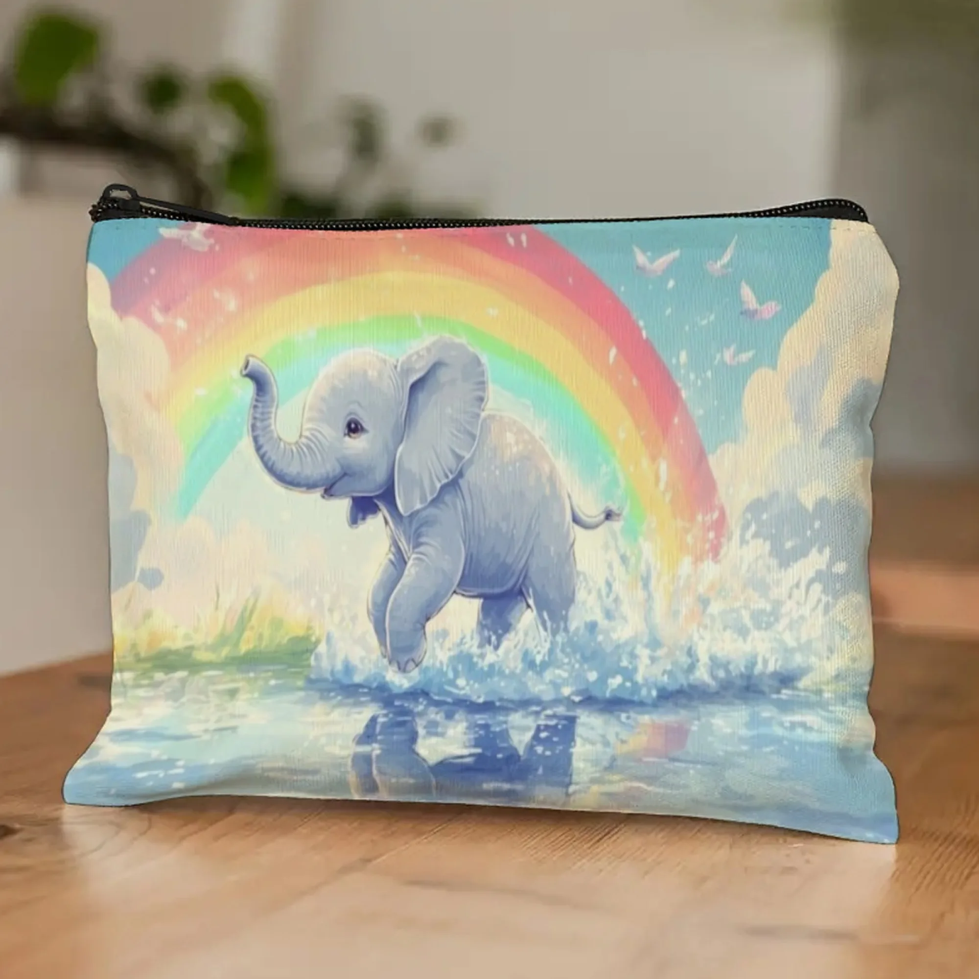 Fresh Cute Zipper Pouch Cosmetic Storage Bag Light Blue Baby Elephant Playing in Water Rainbow Clouds Birds Inner Canvas Pocket