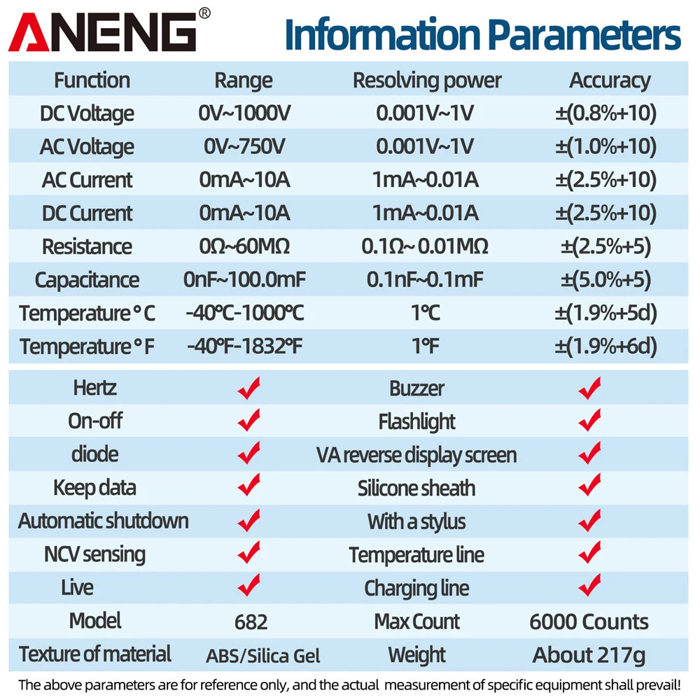 ANENG 682 Smart Anti-Burn Multimeter AC/DC Ammeter Voltage Tester Big Color Screen Rechargeable Ohm Diode Tester Tools for Elect