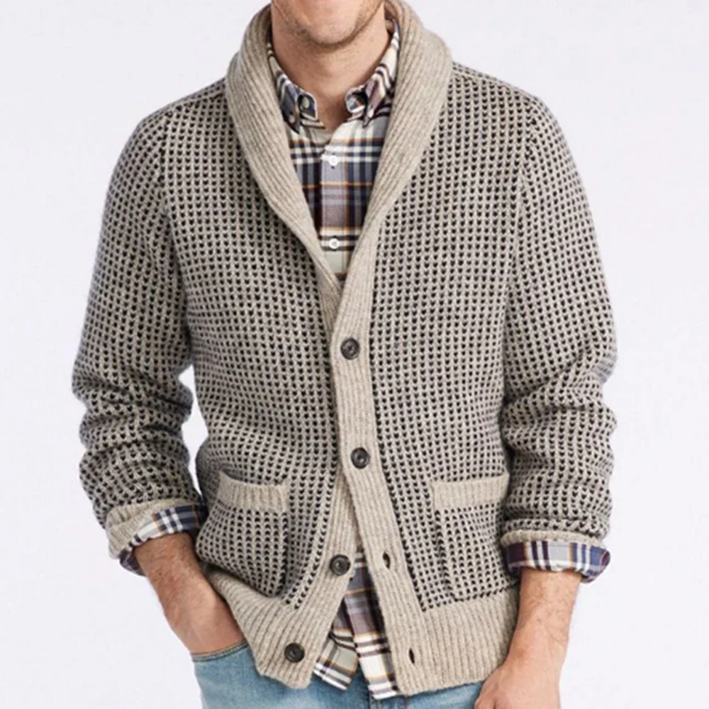 

Plus Size Men Autumn New Knitted Sweater Winter Warm Coat British Plaid Top Cardigan Men's Pocket Design Sweater 2023