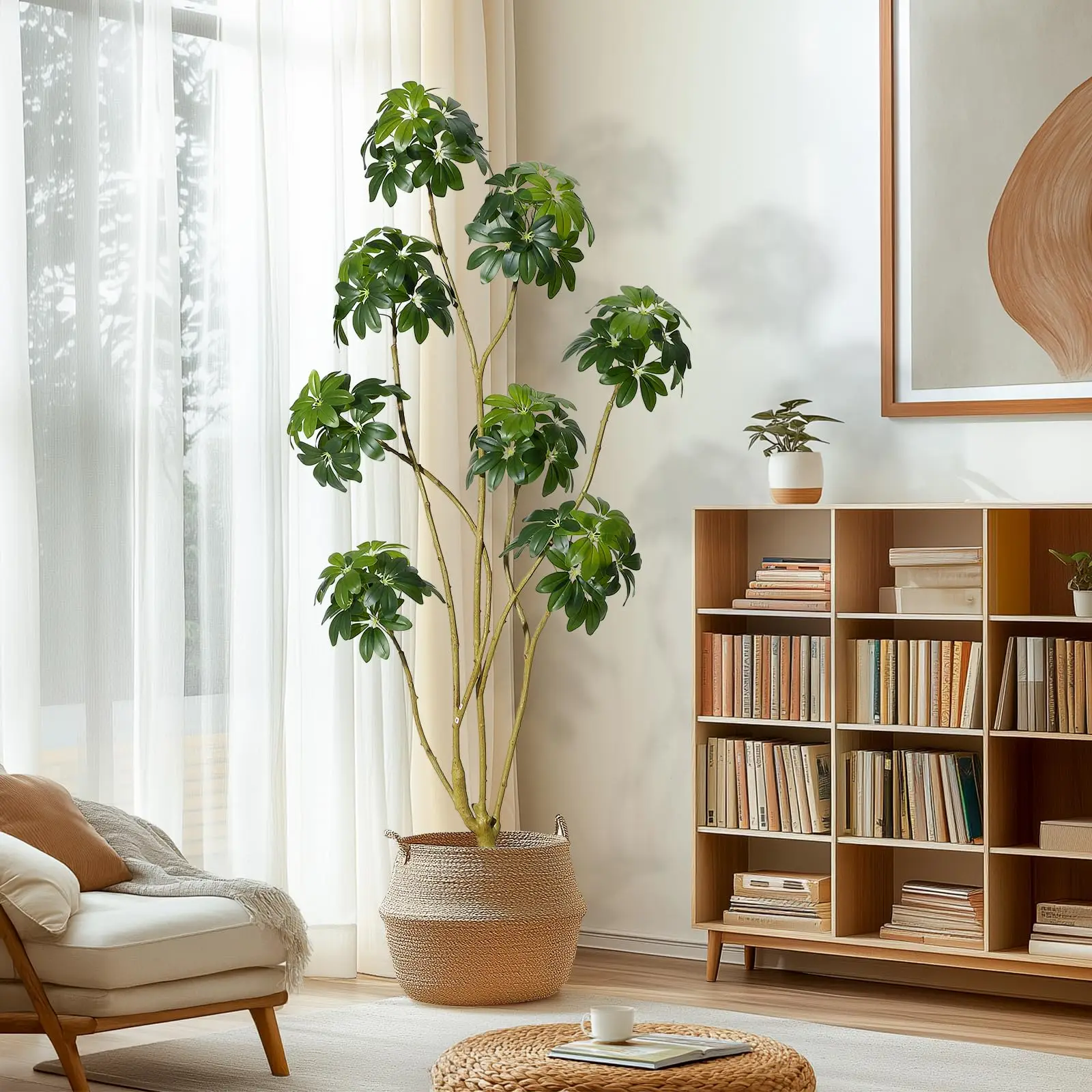 Artificial Umbrella Schefflera Tree – Lifelike Faux Floor Plant with Multiple Trunks in Decorative White Planter, Indoor Fake Tree for Home, Living Room, Office, Porch Decor