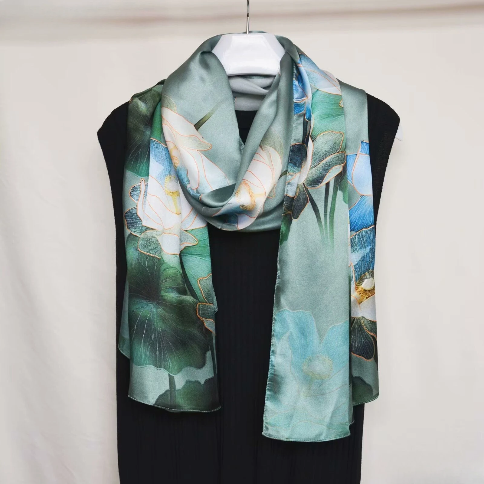 

100% Mulberry Silk Long Scarf for Women Oblong Shawls for Headscarf Neck- Oblong Hair Wraps Gift Packed Black Green Lotus Print