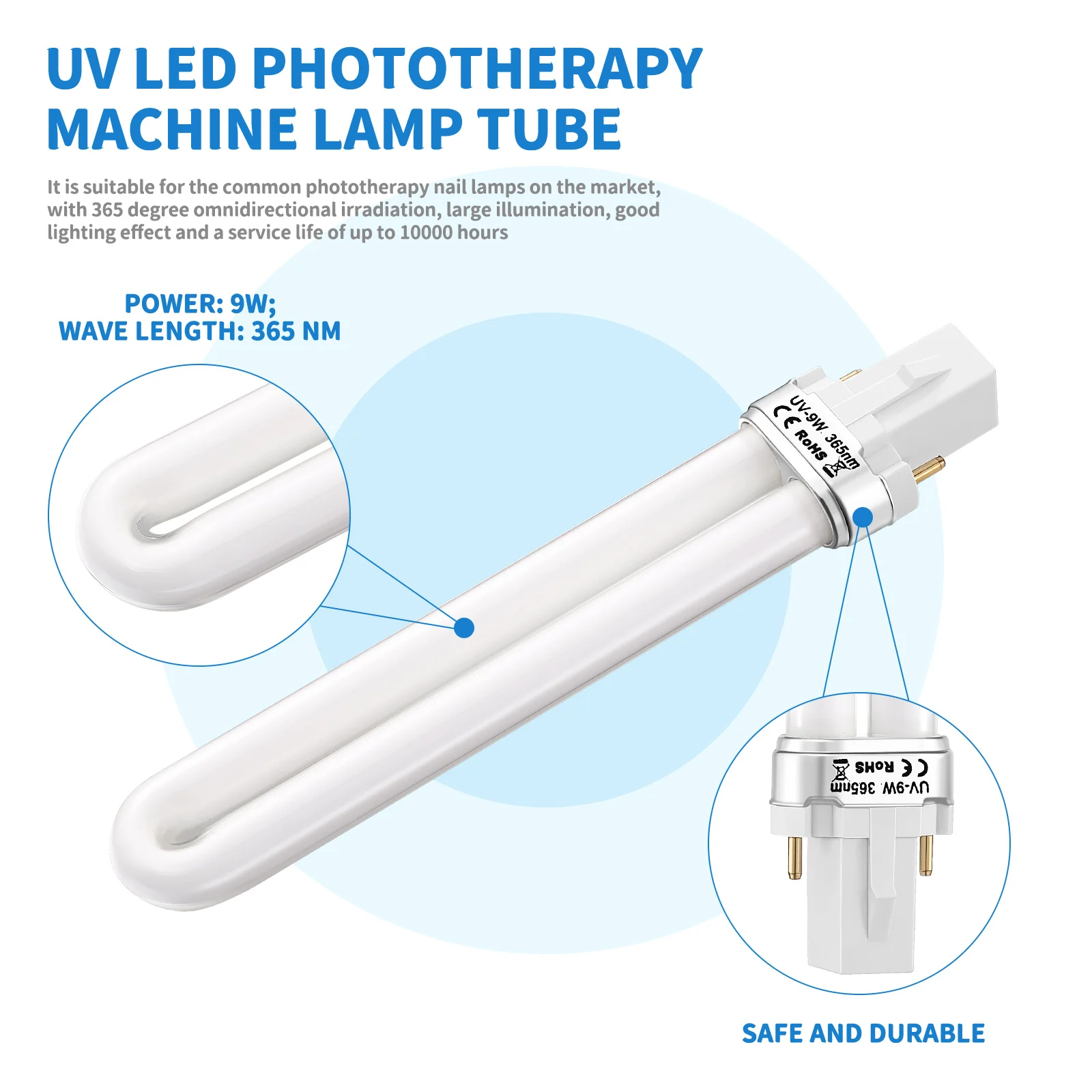 4 Stück Phototherapie-Maschine, 9 W, U-förmig, 365 nm, Nagel-UV-Lampe, Röhre, Glühbirnen, Trockner