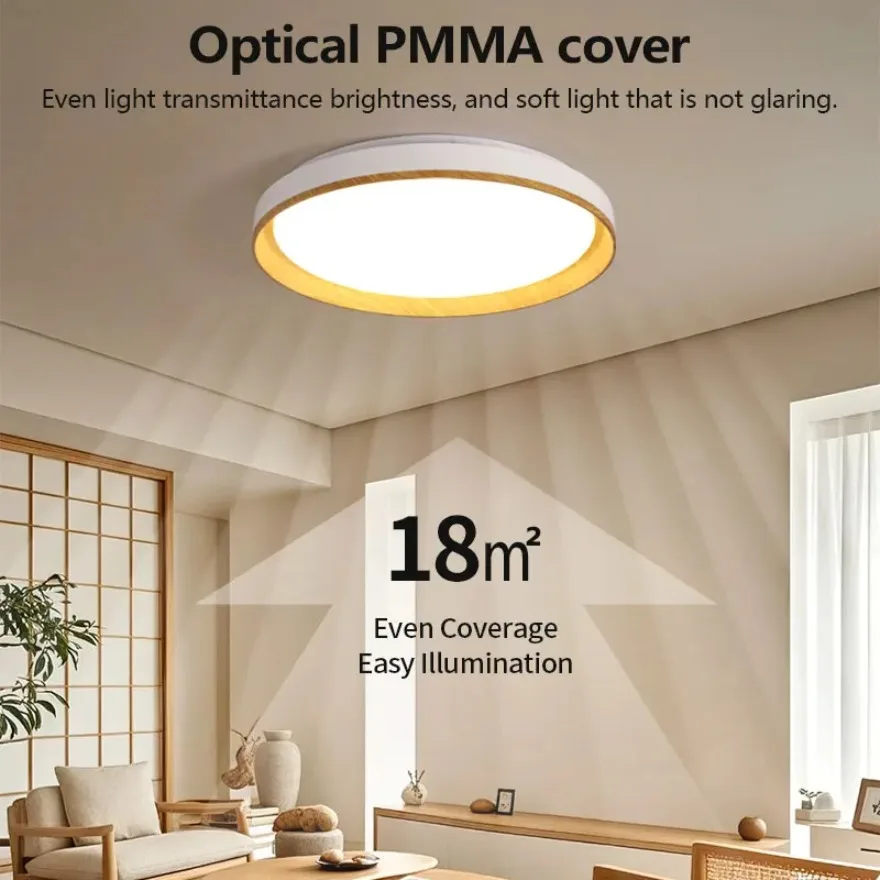 Nordic New LED Ceiling Light 20 Inch Round Wood Grain Living Room Bedroom Kitchen Remote Control Dimming Room Decor Ceiling Lamp