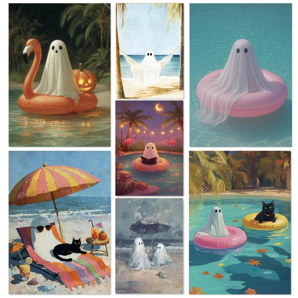 Póster Artístico de Estilo Gótico para Fiestas de Piscina, Halloween, Verano, Playa, Fantasmas, Impresión en Lienzo, Decoración de Pared para Habitaciones de Hotel, Villa o Casa de Huéspedes
