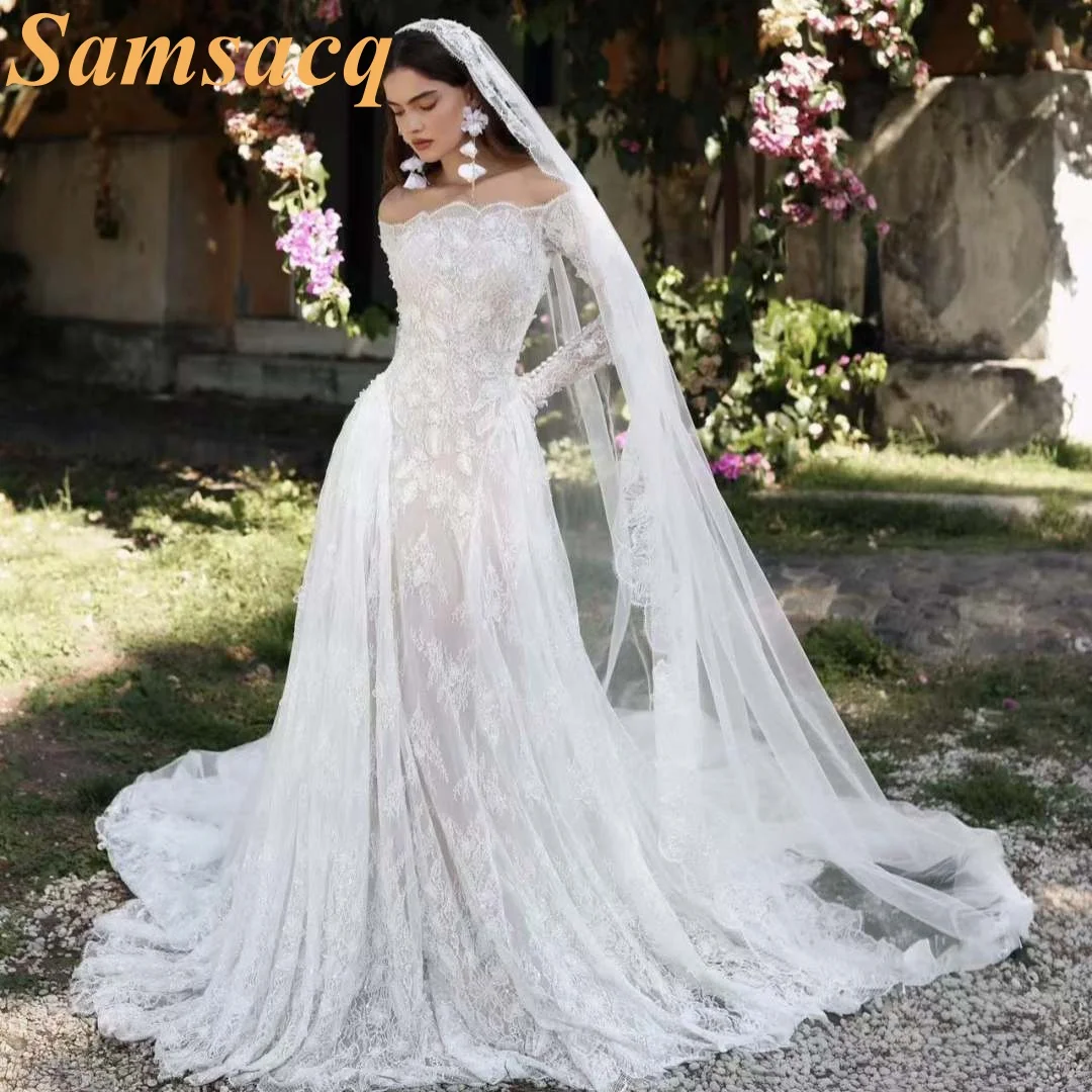 Custom Wedding Dress, Off Shoulder Long Sleeve Lace Bridal Gown, Mermaid Beach Wedding Dress with Train, Customizable Dresses fo