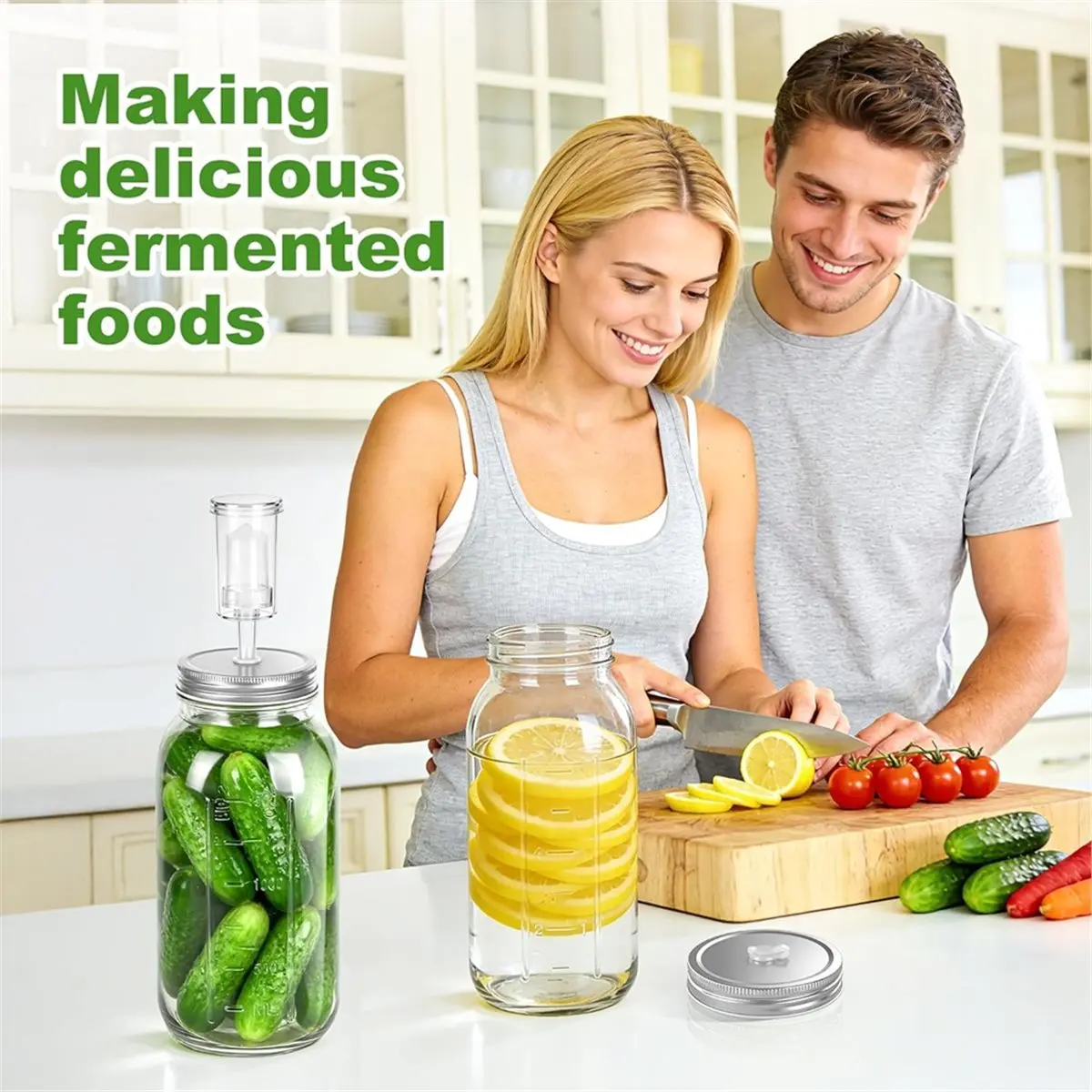 AT16 Fermentation Kit for Wide Mouth Jars Stainless Steel Fermentation Lids,Glass Weights,Airlock System (Jars Without)