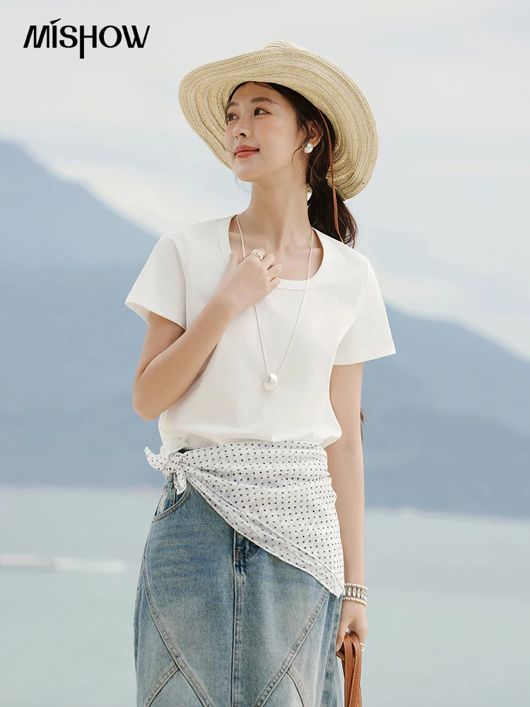 

MISHOW Solid Casual T-shirts Women Summer 2025 New Square Neck Short Sleeve Shirt Female Fashion Straight Tops Woman MXE15T0483