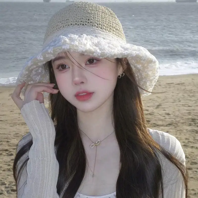 

Sweet Women Lace Bow Straw Hat Summer Large Brim Straw Hat Holiday Sun Hat For Adult Sunscreen Casual Cap Beach Cap