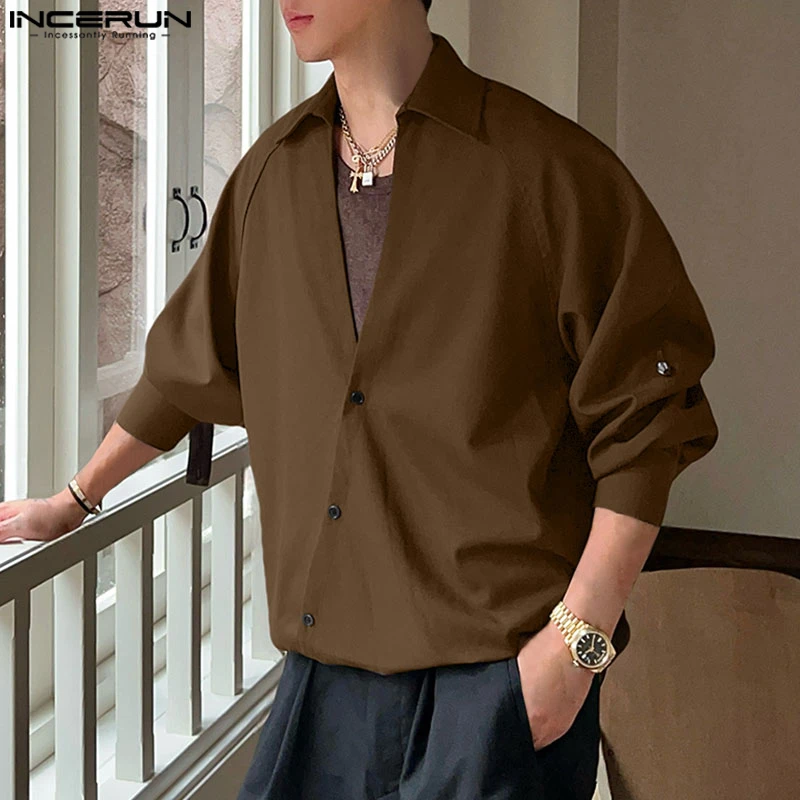 

INCERUN Мужская рубашка сплошной цвет с лацканами и длинными рукавами на пуговицах повседневная мужская одежда свободная уличная одежда в корейском стиле модные мужские рубашки