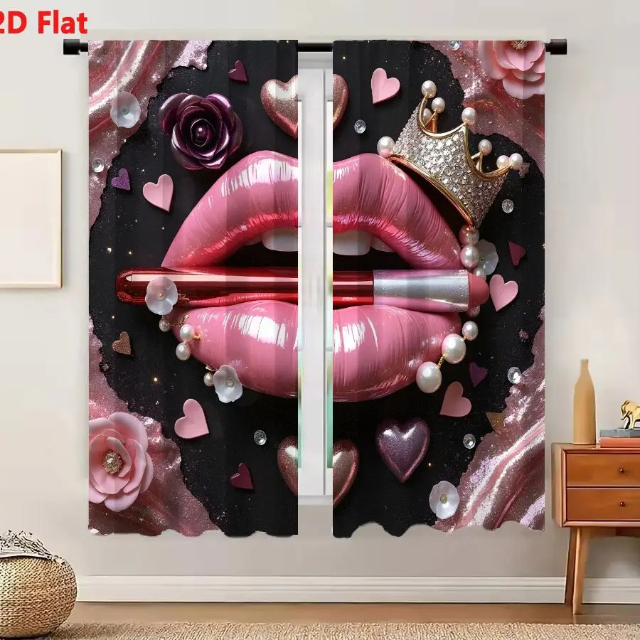 2Pcs Curtains Add 2D Flat Vibrant Pink Lips With Metallic Red Lipstick Tube And Jeweled Crown On Dark Background Window Drapes f