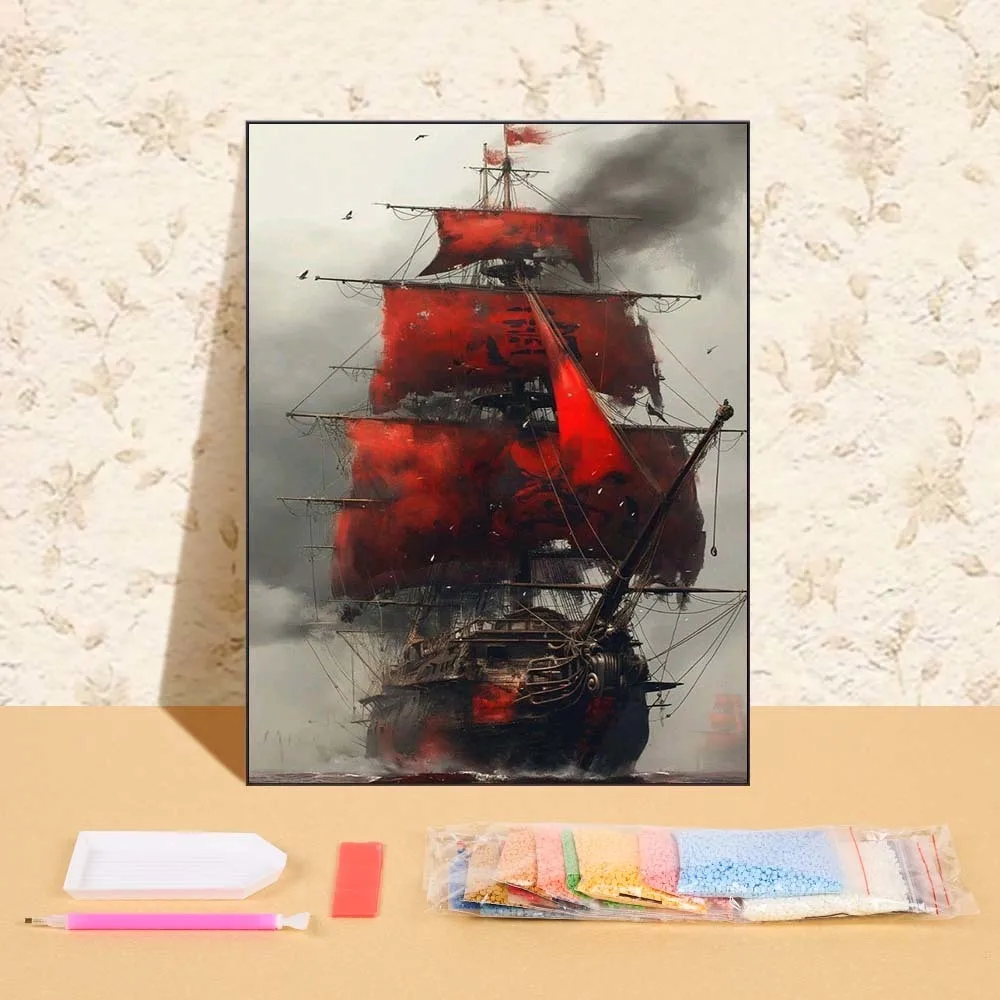 

Diamond Mosaic Red Sailboat DIY Full Round Diamond Painting Landscape New Arrival Embroidery Handicraft For Bedroom Wall
