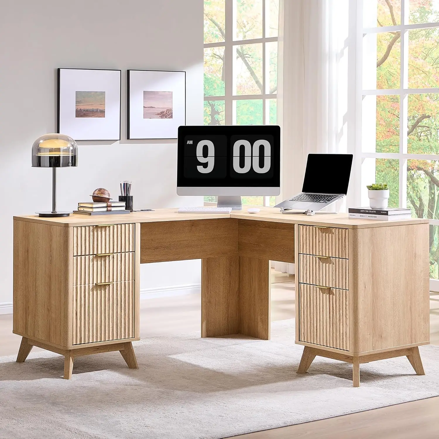 

60'' Fluted Executive L Shaped Desk, Modern Home Office Desk with Charging Station and File Drawer, Computer Corner Desks