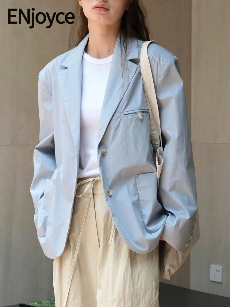 2024 Summer Women Two Button Wide Shoulder Blazers Korean Fashion Workwear Loose Suit Coat Ladies Elegant Casual Jacket