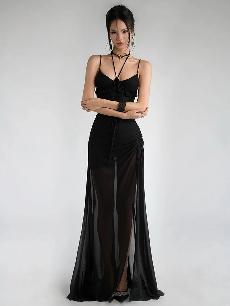 Sukienka na ramiączkach Weird Puss Coquette, damska, wiązana na szyi, marszczona, z falbankami, z siateczkowymi wstawkami, marszczone, seksowne, elastyczne, obcisłe, podkreślające pośladki, idealne na imprezę.