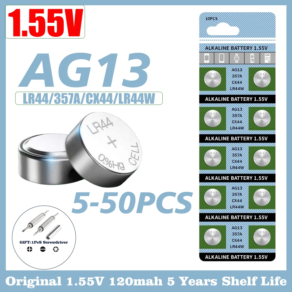 5-50 Uds LR44 AG13 pila de botón 1,5 V 357 SR44 LR1154 botón moneda RW82 SR1154 SP76 baterías para relojes de juguete remoto