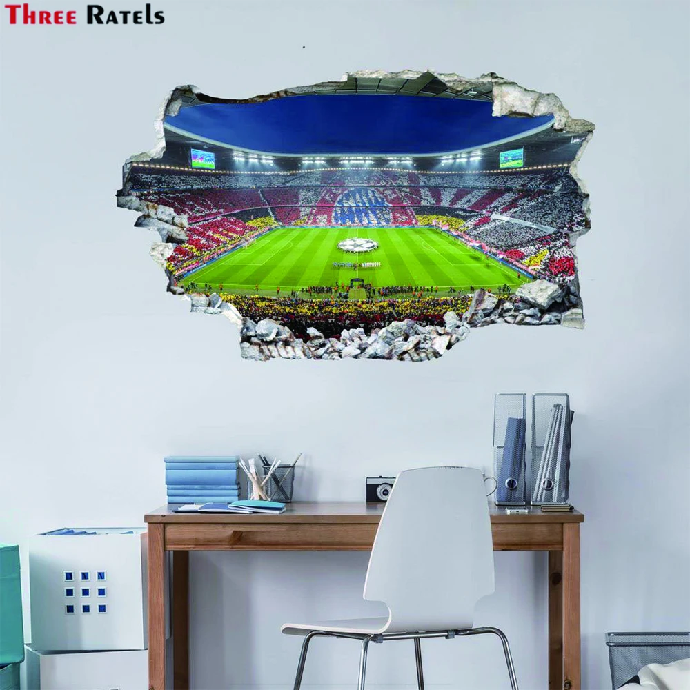 Three Ratels WF15 Broken Wall 3D Soccer Field Wall Stickers for Kids Rooms Bedroom Home Decoration Mural Poster Art Decals