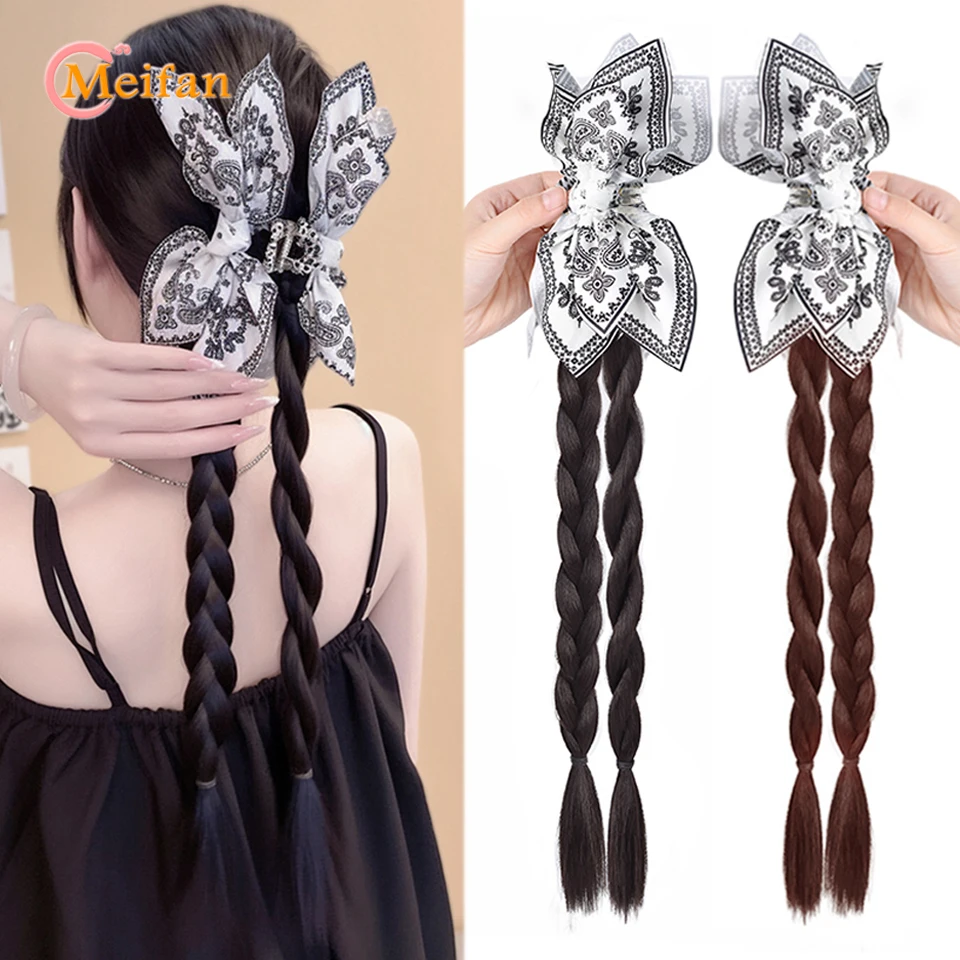 

MEIFAN Claw Twist Braids Ponytail Clip in Hairtail Extensions Ponytail with Bow Hair Accessories Synthetic Black Brown Ponytail