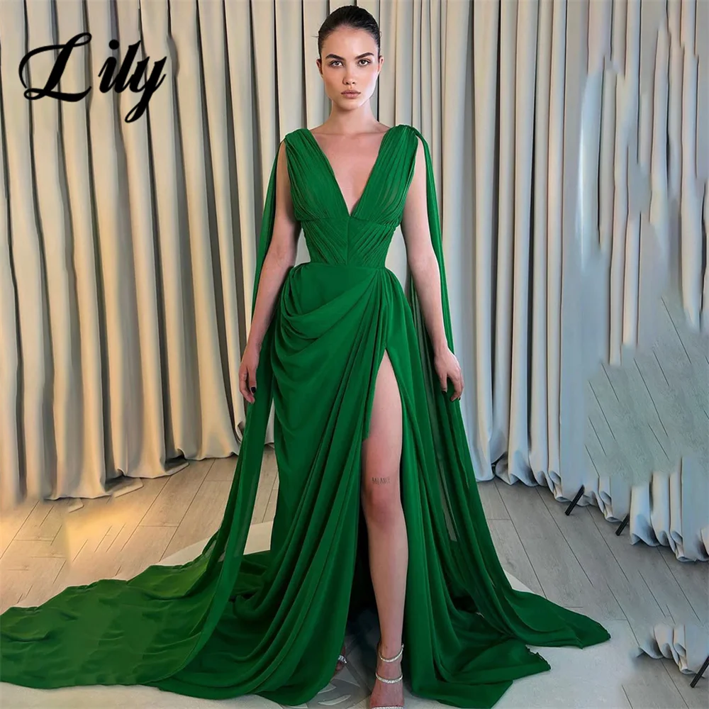 

Lily Green A-Line Evening Dresses V-Neck Charming Prom Dress Tank Pleat Chiffion Party Dresses with Side Split vestidos de noche