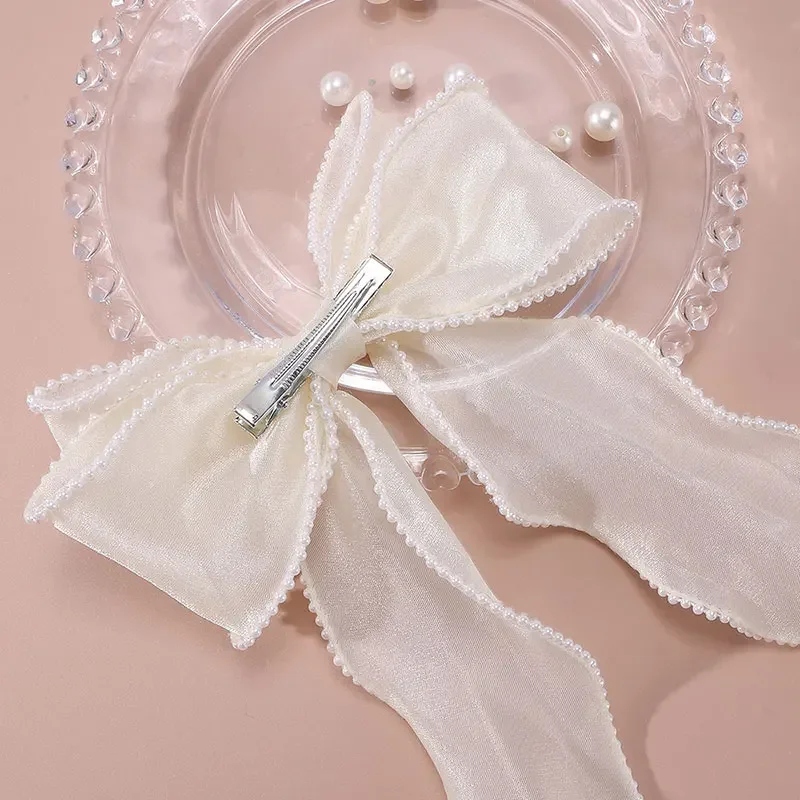 Long Satin Pearl Hairpin Fashion Ponytail Hair Pin Barrette Large Silk Bow Hair Bow Clip For Women Wedding Hair Accessories