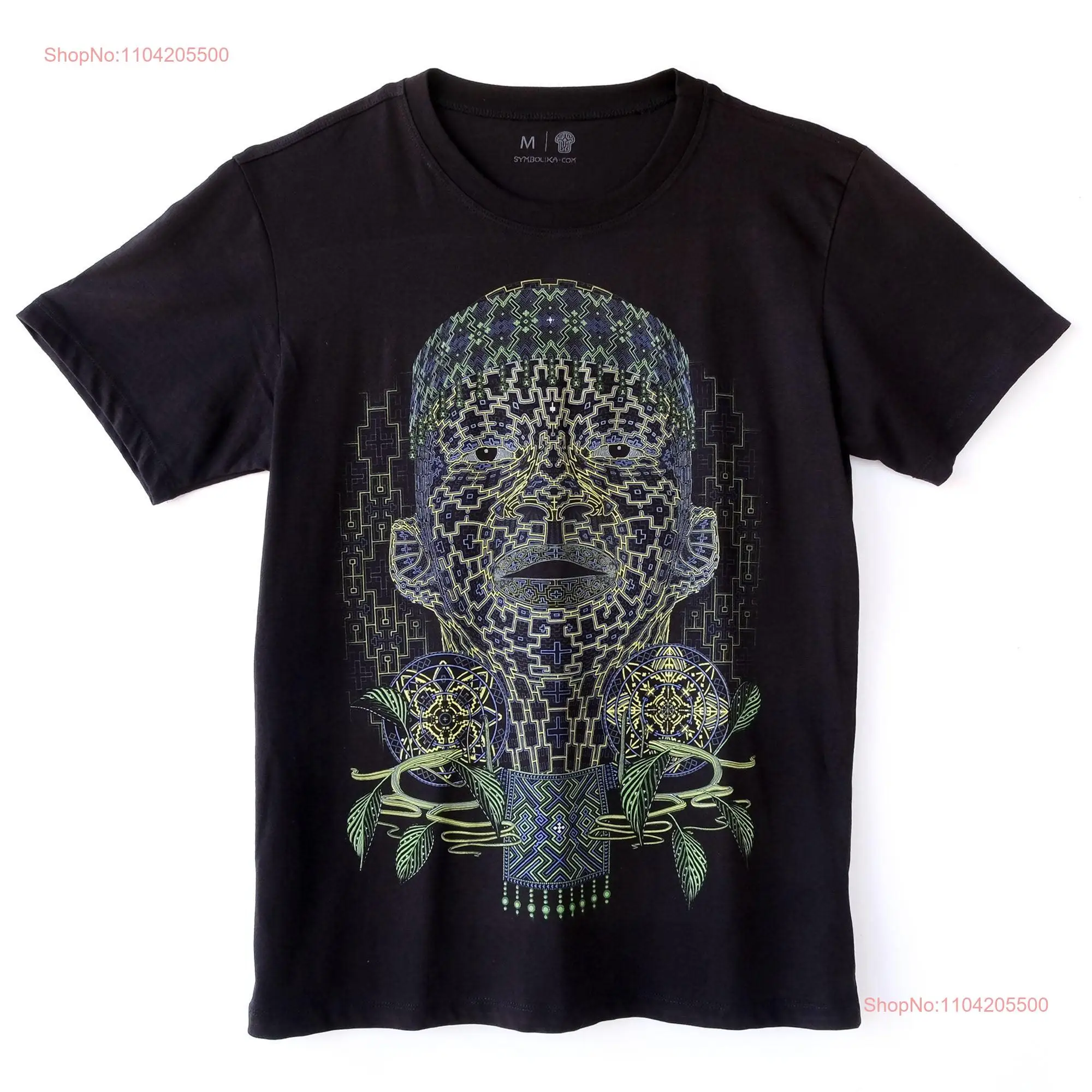 Shaman Psy T Shirt UV Active Glowing Ayahuasca Design Trance Goa Festival Wear Black Cotton Fractal Art Tribal Men