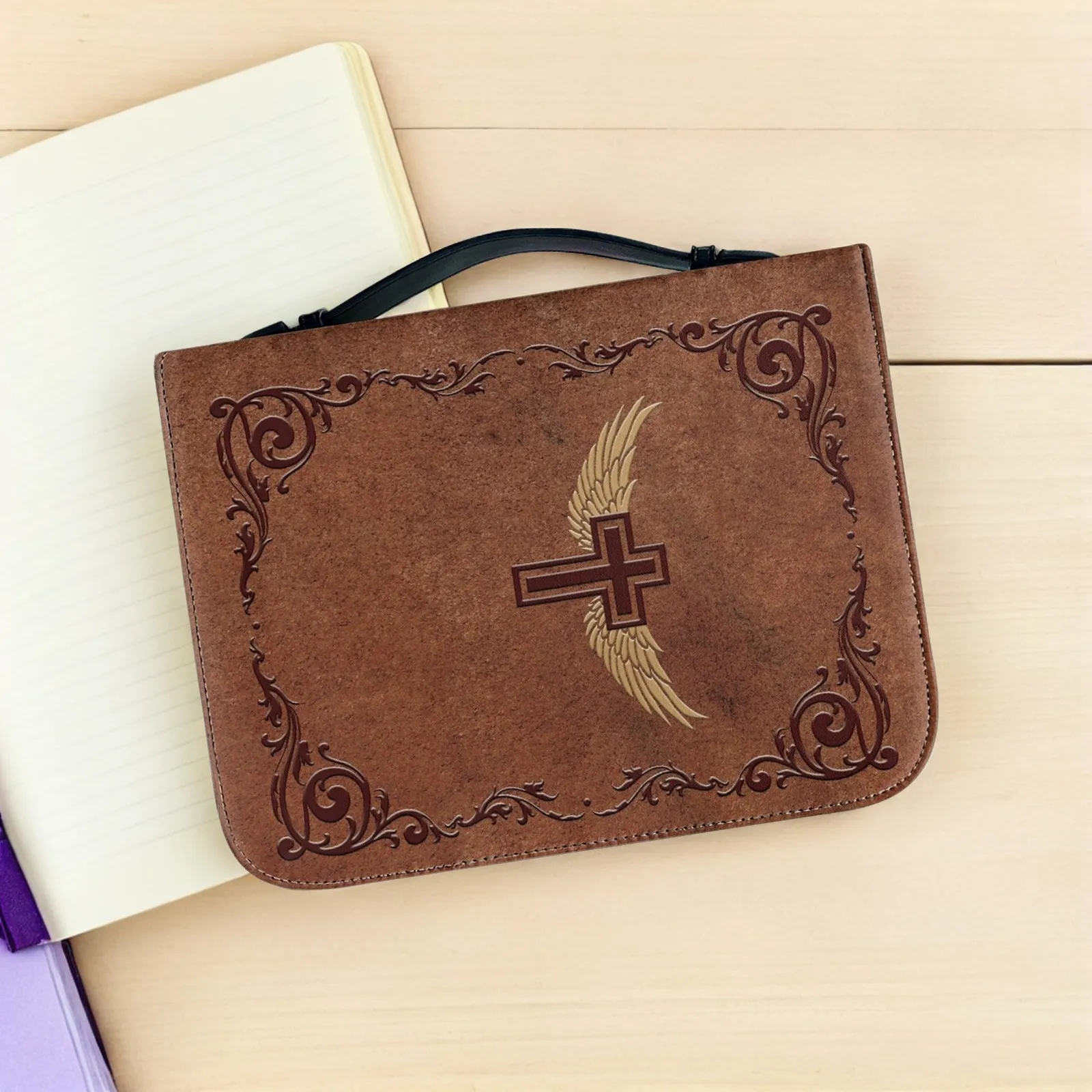 PU Bible Cover Organizer Brown Vintage Print Secure Zipper Bible Tote Bag for Women Prayer Travel Study