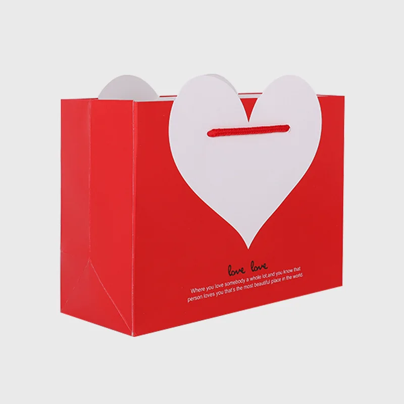 500pcs/Lot Wholesale Custom Logo Printed White Red Heart Shaped Paper Bag with Nylon Rope Creative Wedding Sweet Paper Packaging