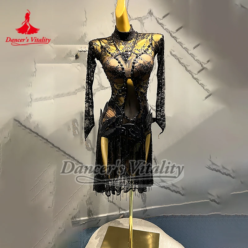 Latin Sexy Mesh Perspective Long Sleeves High-necked Dresses Adult and Child Blackpool Dance Festival Contest Clothing Customize