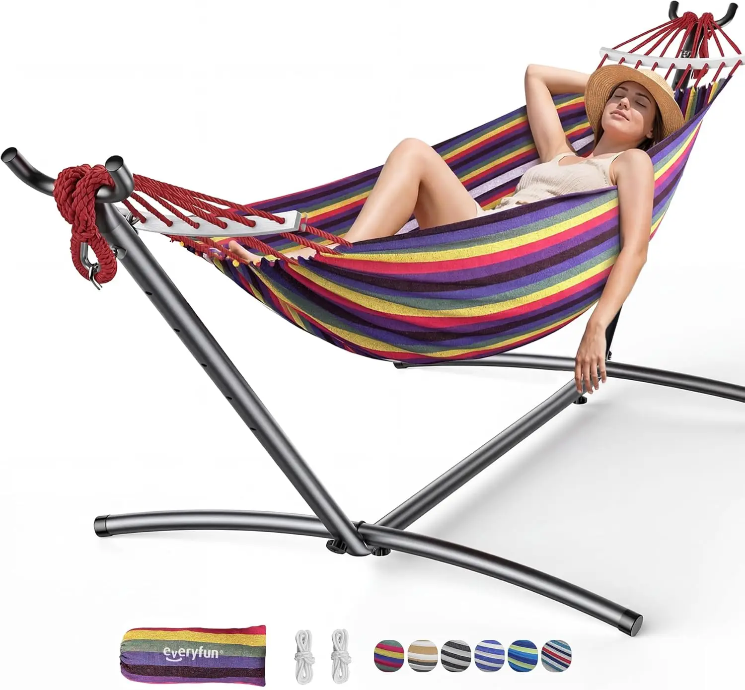 

Double Hammock with Heavy-Duty Steel Stand, 600lbs Capacity, Portable for Indoor Yard Camping