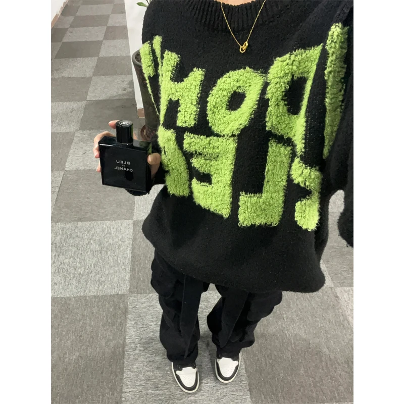 

Мужской зимний утепленный свитер в стиле оверсайз с круглым вырезом, вышивкой букв, в американском ретро-стиле, повседневный, свободного кроя