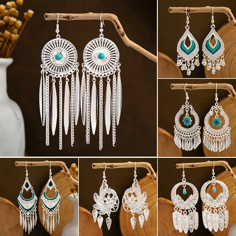 12pairs MIX Ethnic style colorful long feather tassel earrings  Hot selling earrings in tourist attractions best gift